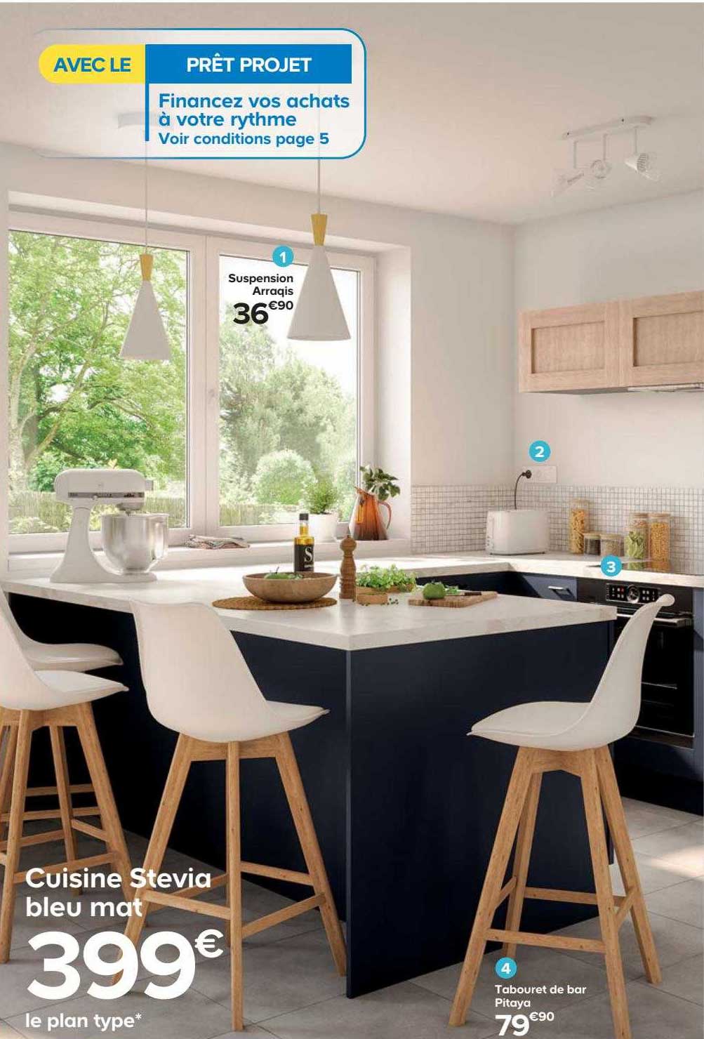 suspension arraqis, cuisine stevia bleu mat, tabouret de bar pitaya