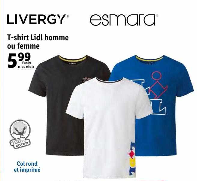 t-shirt lidl homme ou femme livergy, esmara