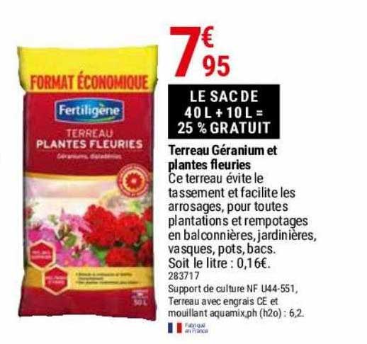 terreau géranium et plantes fleuries fertiligène