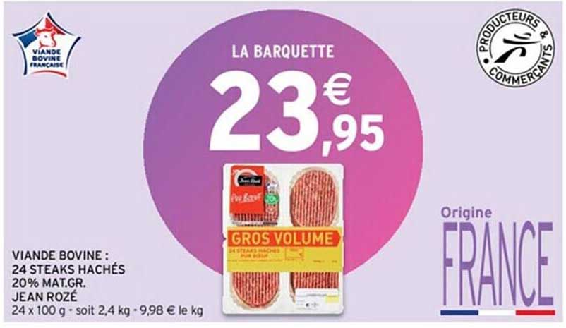 viande bovine : 24 steaks hachés 20% mat.gr. jean rozé