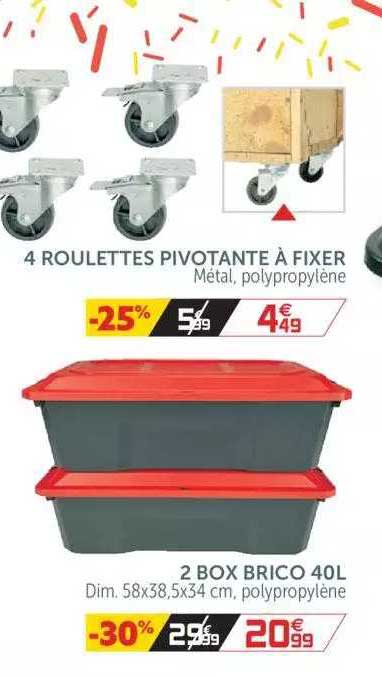 4 roulettes pivotante à fixer, 2 box brico 40 l