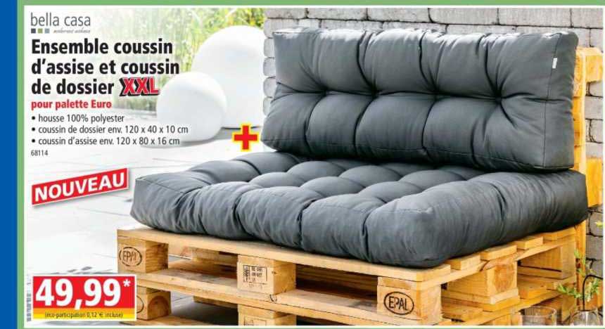 bella casa ensemble coussin d'assise et coussin de dossier xxl pour palette euro