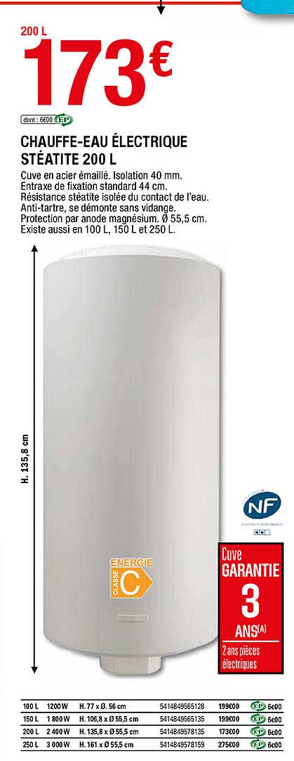 chauffe-eau électrique stéatite 200 l