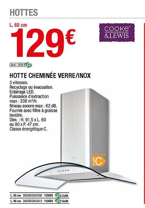 hotte cheminée verre - inox cooke&lewis