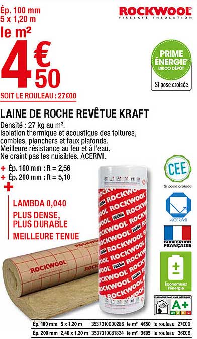 laine de roche revêtue kraft rockwool