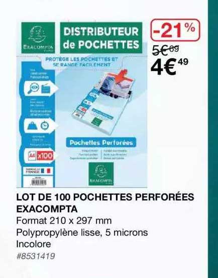 Lot De 100 Pochettes Perforées Exacompta