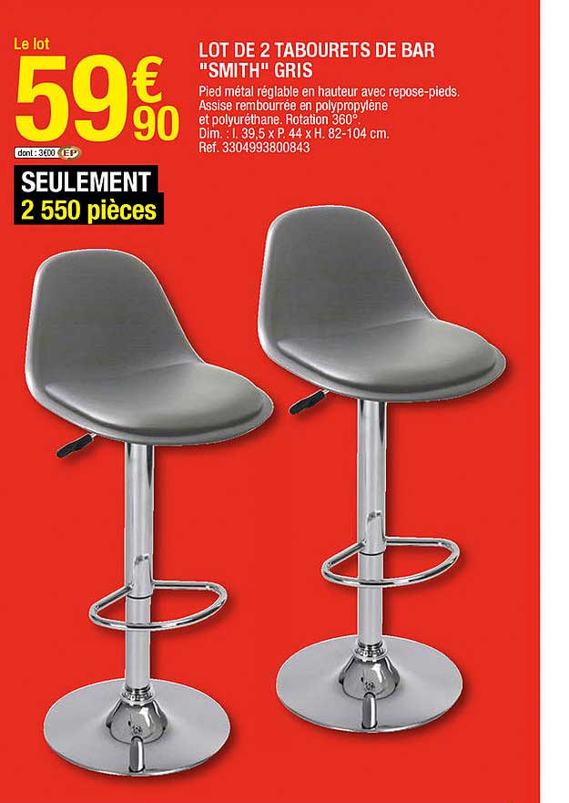 lot de 2 tabourets de bar "smith" gris