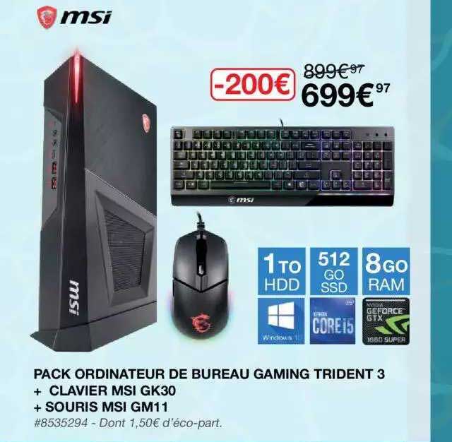 pack ordinateur de bureau gaming trident 3 + clavier msi gk30 + souris msi gm11