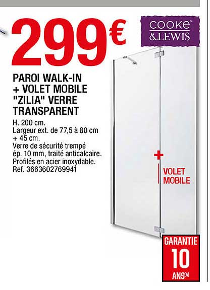 paroi walk-in + volet mobile "zilia" verre transparent cooke&lewis