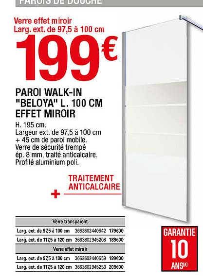 paroi walk-in "beloya" l. 100 cm effet miroir