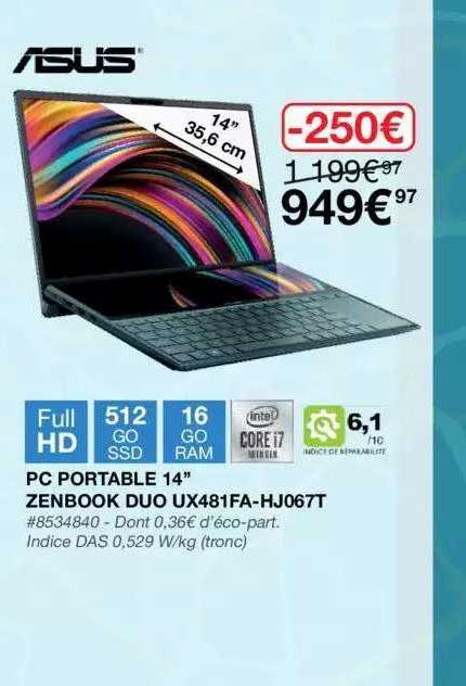pc portable 14" zenbook duo asus ux481fa-hj0671t