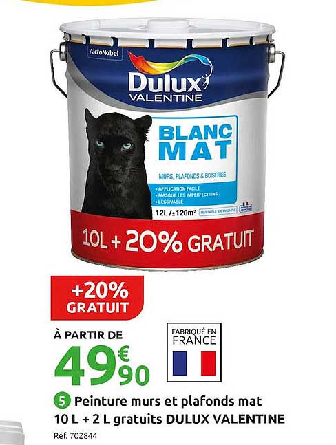 peinture murs et plafonds mat 10 l + 2 l gratuits dulux valentine