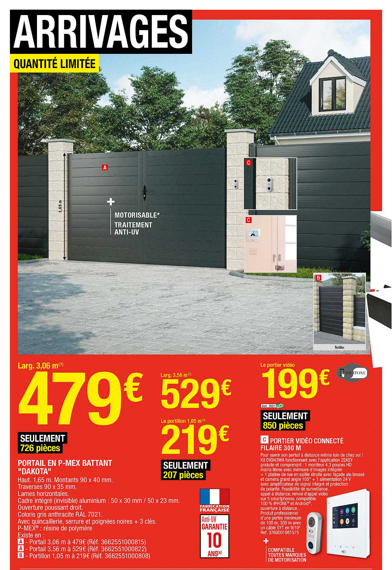 portail en p-mex battant "dakota", portier vidéo connecté filaire 300 m