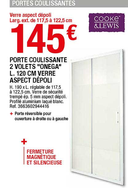 porte coulissante 2 volets "onega" l. 120 cm verre aspect dépoli cooke&lewis