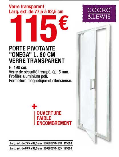 porte pivotante "onega" l. 80 cm verre transparent cooke&lewis