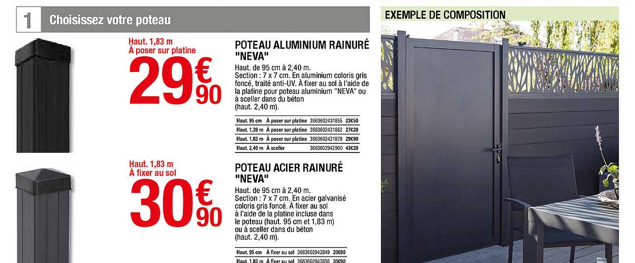 poteau aluminium rainuré "neva", poteau acier rainuré "neva"