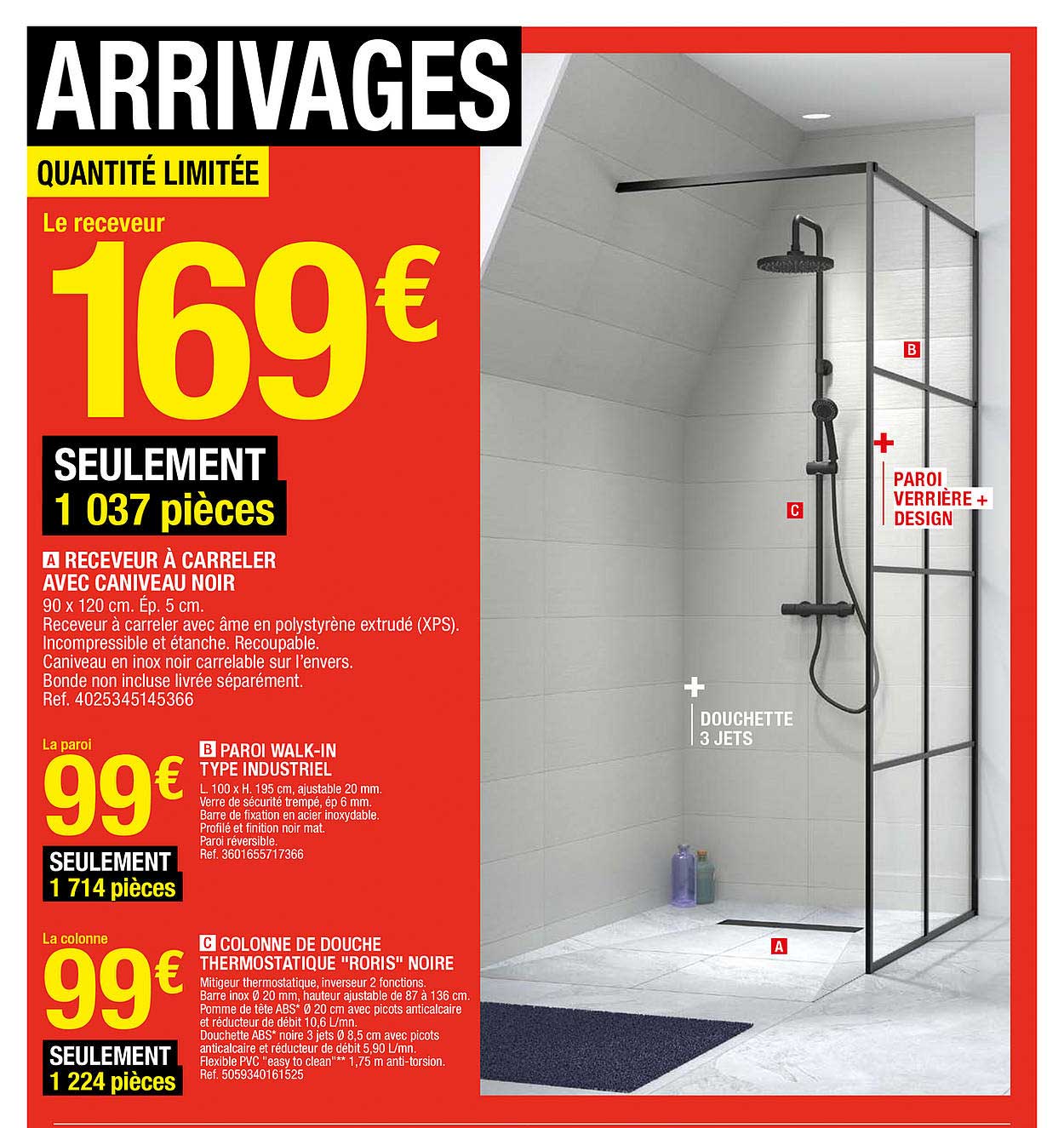 receveur à carreler avec caniveau noir, paroi walk-in type industriel, colonne de douche thermostatique "roris" noir