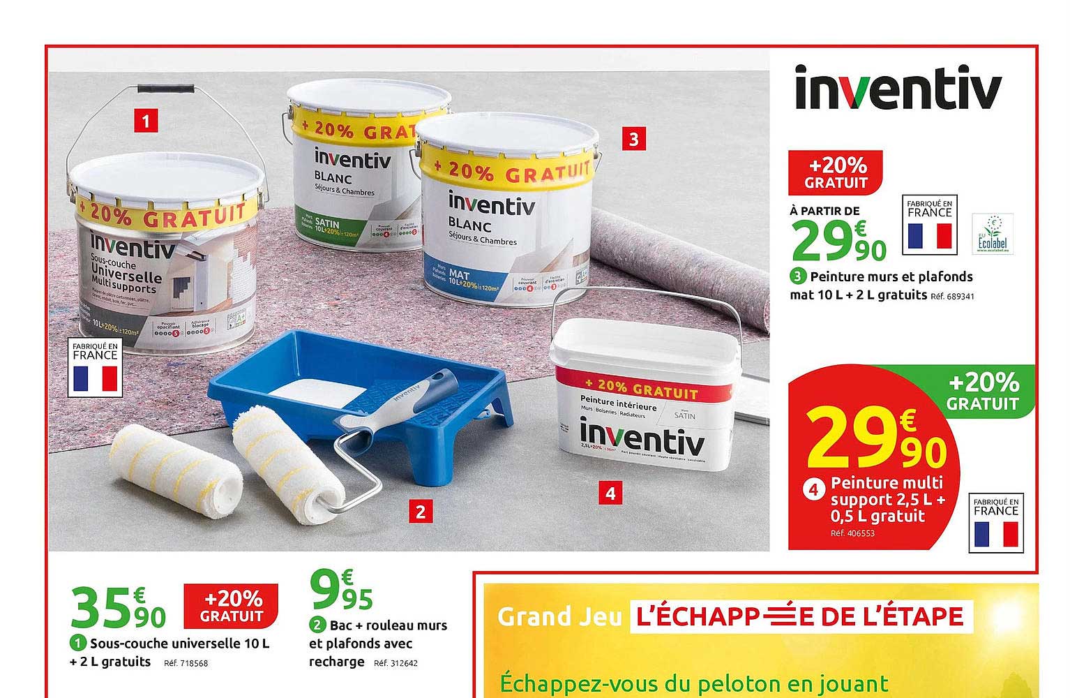 sous-couche universelle 10 l + 2 l gratuits, bac + rouleau murs et plafonds avec recharge, peinture murs et plafons mat 10 l + 2 l gratuits inventiv