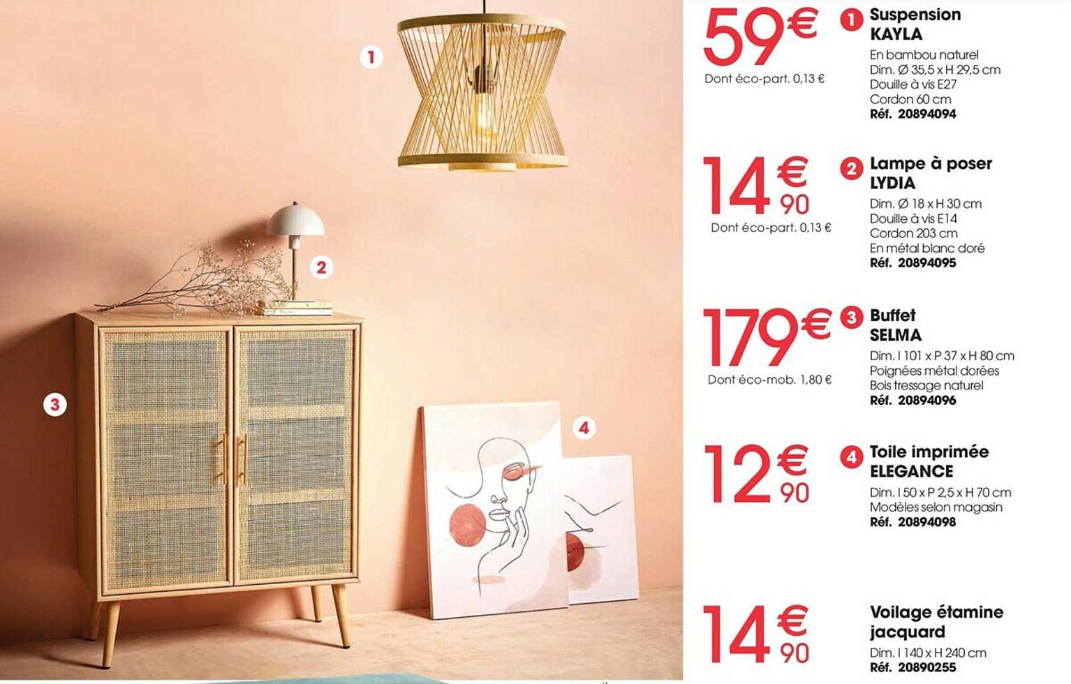 suspension kayla, lampe à poser lydia, buffet selma, toile imprimée elegance, voilage étamine jacquard