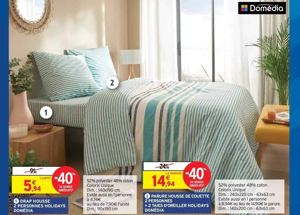 drap housse 2 personnes holidays domédia, parure housse de couette 2 personnes + 2 taies d'oreiller holidays domédia