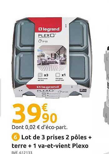 lot de 3 prises 2 pôles + terre + 1 va-et-vient plexo legrand