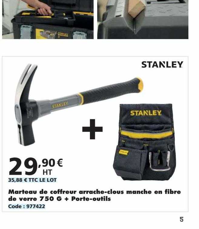 marteau de coffreur arrache-clous manche en fibre de verre 750 g + porte-outils stanley