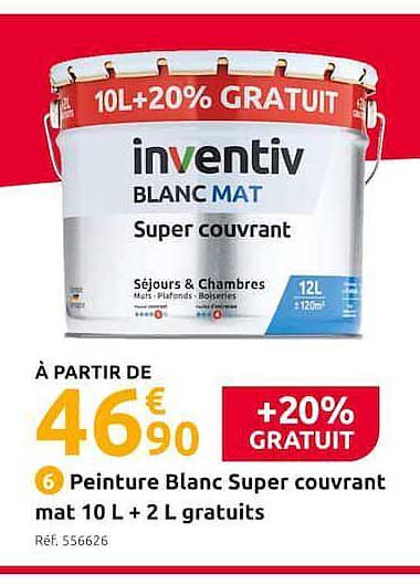 peinture blanc super couvrant mat 10l + 2l gratuits inventiv