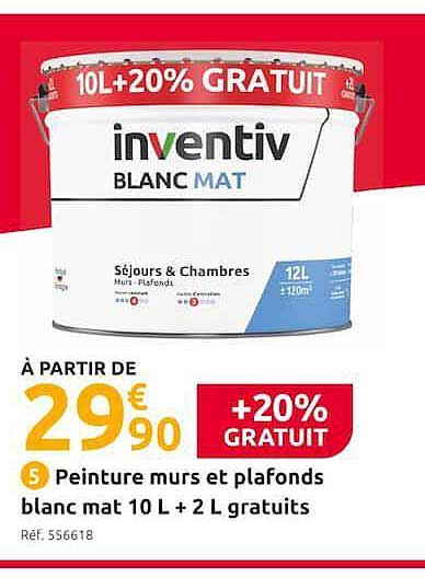 peinture murs et plafonds blanc mat 10l + 2l gratuits inventiv