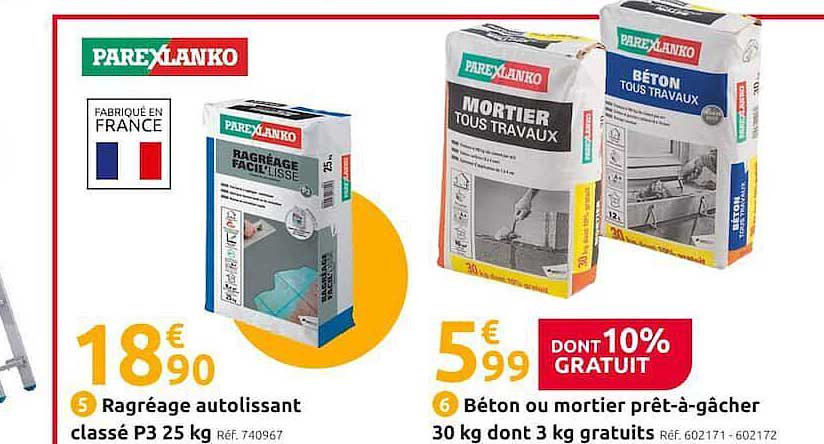 ragréage autolissant classé p3 25 kg parexlanko, béton ou mortier prêt-à-gâcher 30 kg dont 3 kg gratuits parexlanko