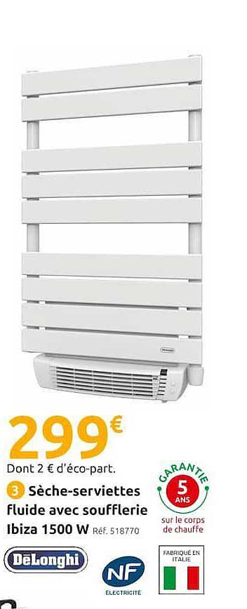 sèche-serviettes fluide avec soufflerie ibiza 1500 w dëlonghi