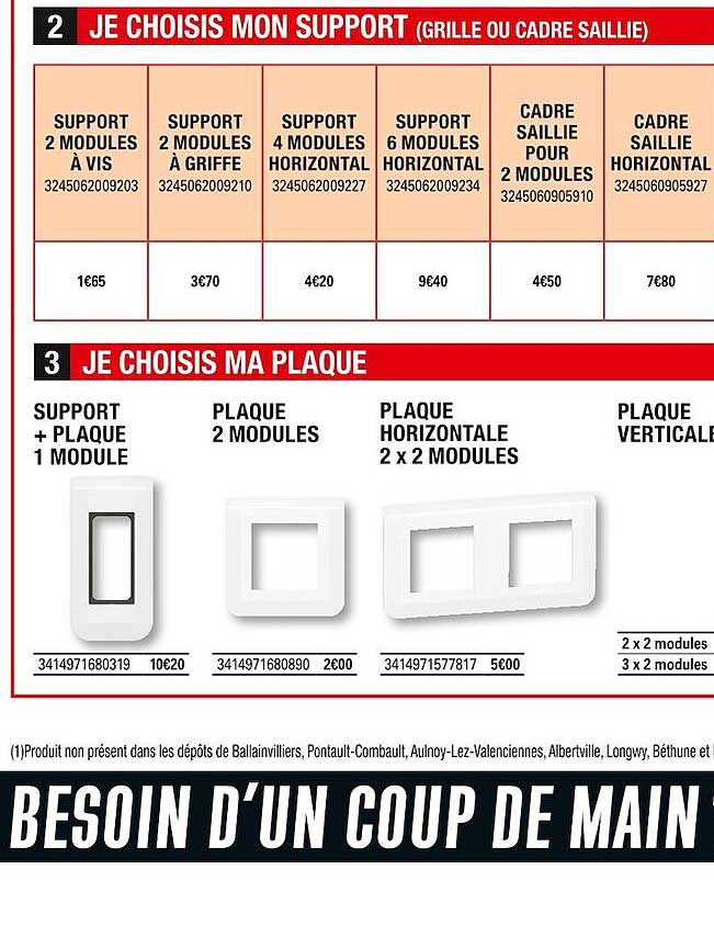 support + plaque 1 module, plaque 2 modules, plaque horizontale 2 x 2 modules, plaque verticale