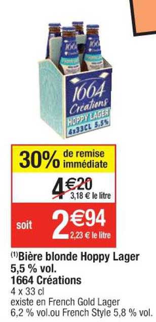 bière blonde hoppy lager 5,5% vol. 1664 créations