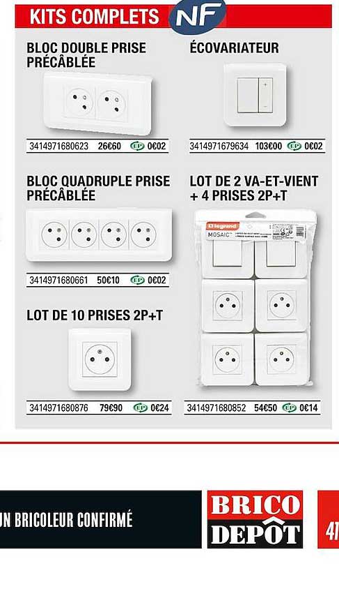 bloc double prise précâblée, écovariateur, bloc quadruple prise précâblée, lot de 2 va-et-vient + 4  prise 2p+t, lot de 10 prises 2p+t