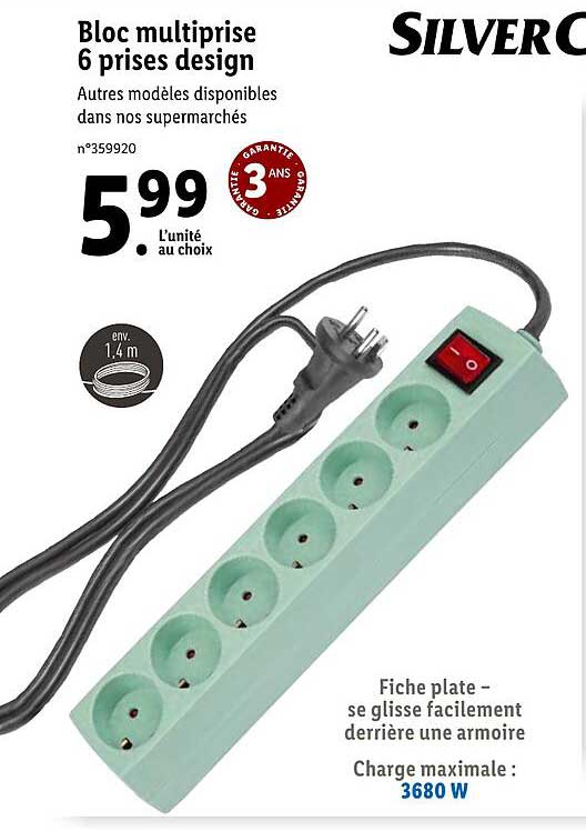 bloc multiprise 6 prises design silver crest