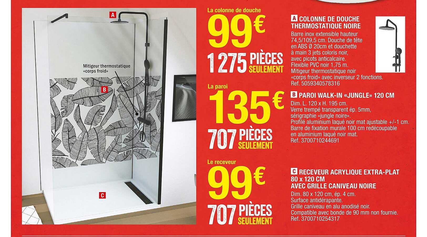 colonne de douche thermostatique noire, paroi walk-in «jungle» 120 cm, receveur acrylique extra-plat 80 x 120 cm avec grille canive au  noire