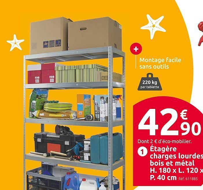 étagère charges lourdes boit et métal h. 180 x l. 120 x p. 40 cm