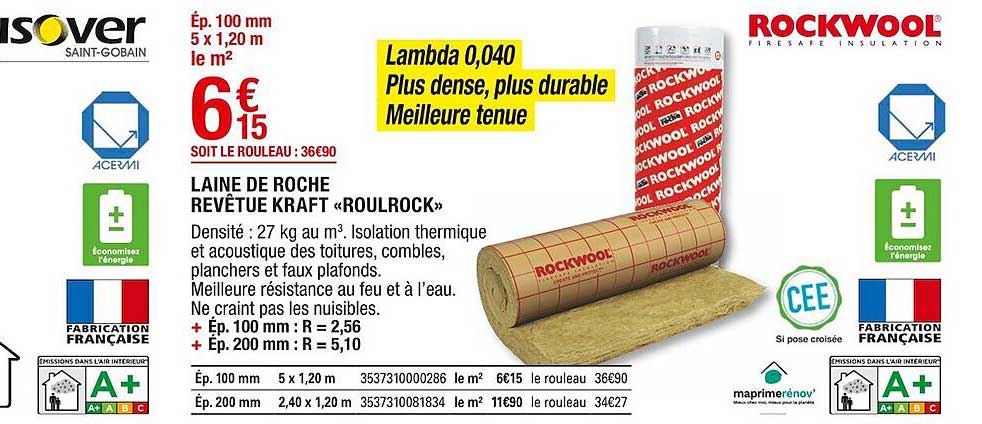 laine de roche revêtue kraft «roulrock» isover