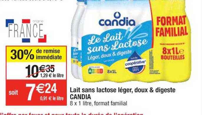 lait sans lactose léger, doux & digeste candia