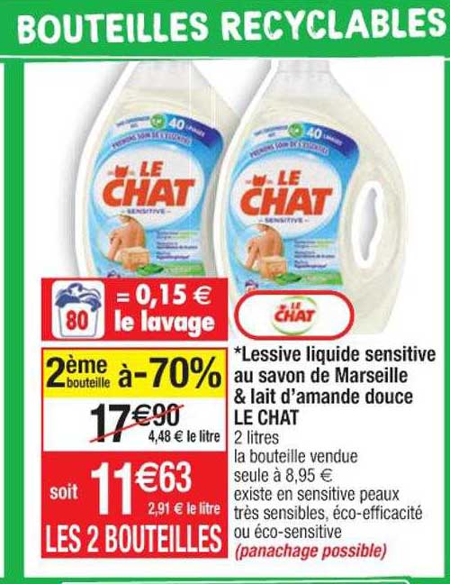 lessive liquide sensitive au savon de marseille & lait d'amande douce le chat