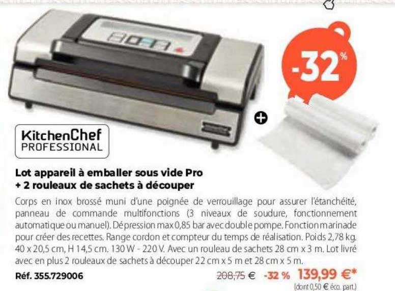 lot appareil à emballer sous vide pro + 2 rouleaux de sachets à découper kitchen chef professional