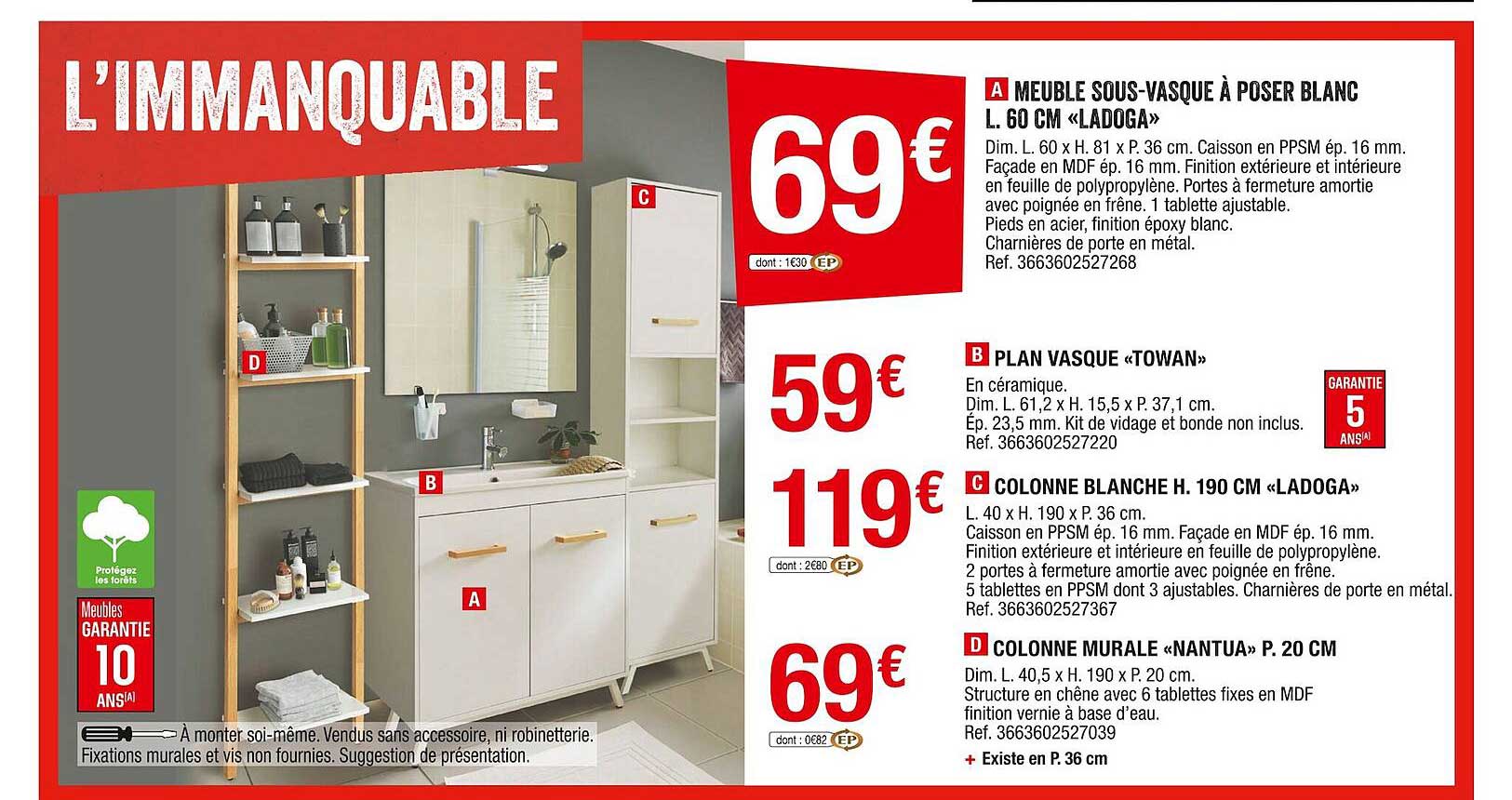 meuble sous-vasque à poser blanc l. 60 cm «ladoga», plan vasque «towan», colonne blanche h. 190 cm «ladoga», colonne murale «nantua» p. 20 cm
