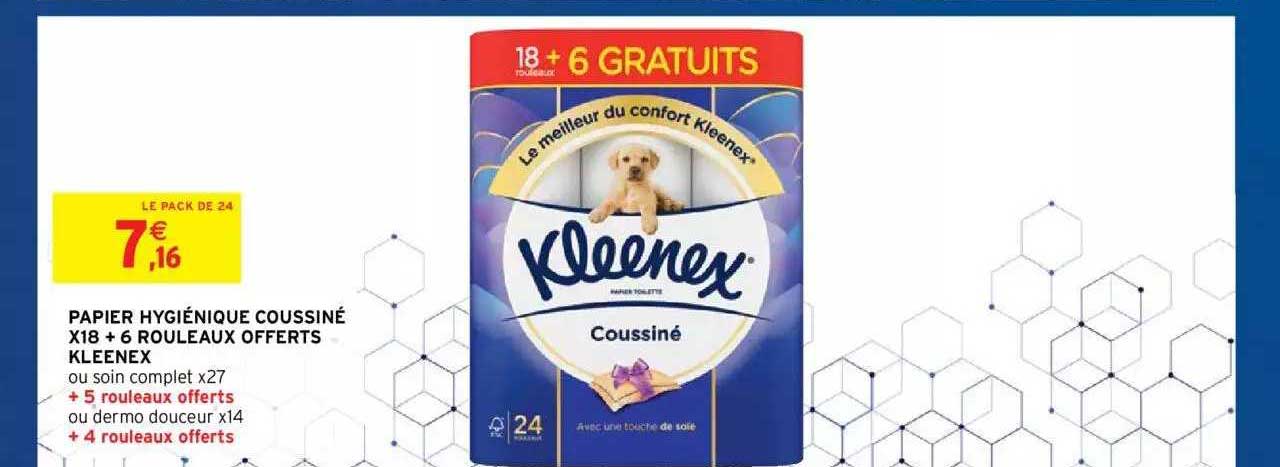 papier hygiénique coussiné x18 + 6 rouleaux offerts kleenex