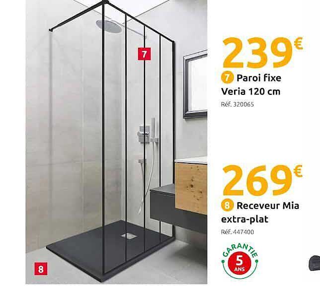 paroi fixe veria 120 cm, receveur mia extra-plat