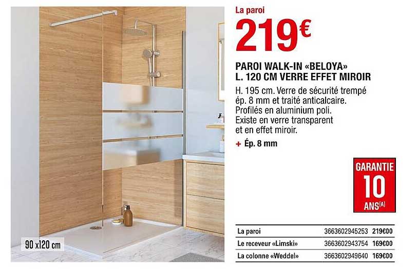 paroi walk-in "beloya" l. 120 cm verre effet miroir