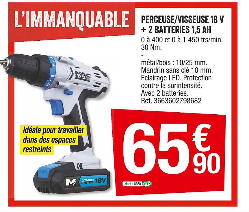 perceuse-visseuse 18 v + 2 batteries 1,5 ah mac allister