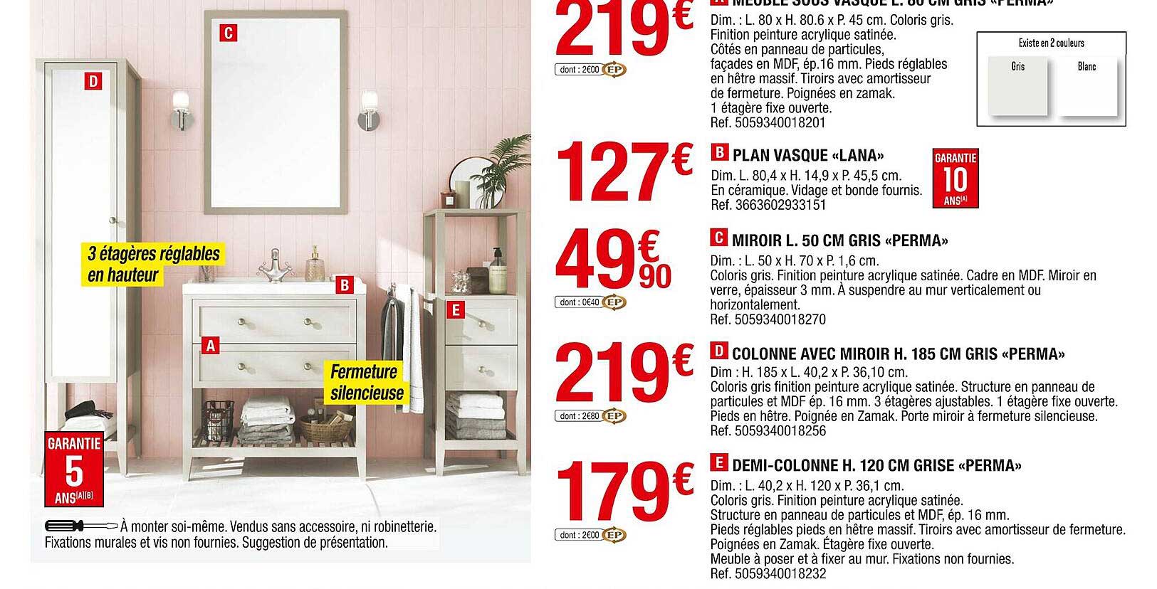 plan vasque «lana», miroir l. 50 cm gris «perma», colonne avec miroir h. 185 cm gris «perma», demi-colonne h. 120 cm grise «perma»