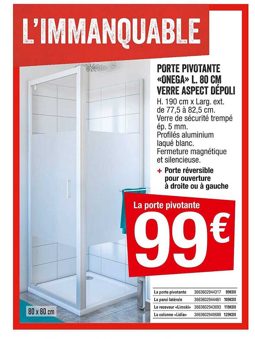 porte pivotante "onega" l. 80 cm verre aspect dépoli