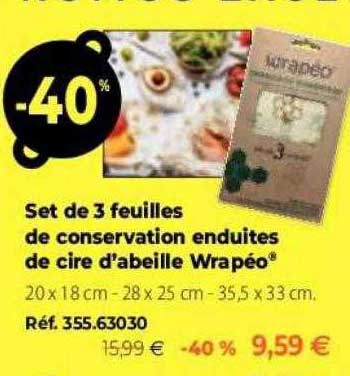 set de 3 feuilles de conservation enduites de cire d'abeille wrapéo