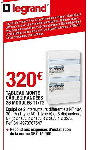 tableau monté câblé 2 rangées 26 modules t1-t2 legrand