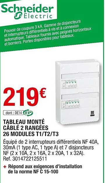 tableau monté câblé 2 rangées 26 modules t1-t3 schneider électric